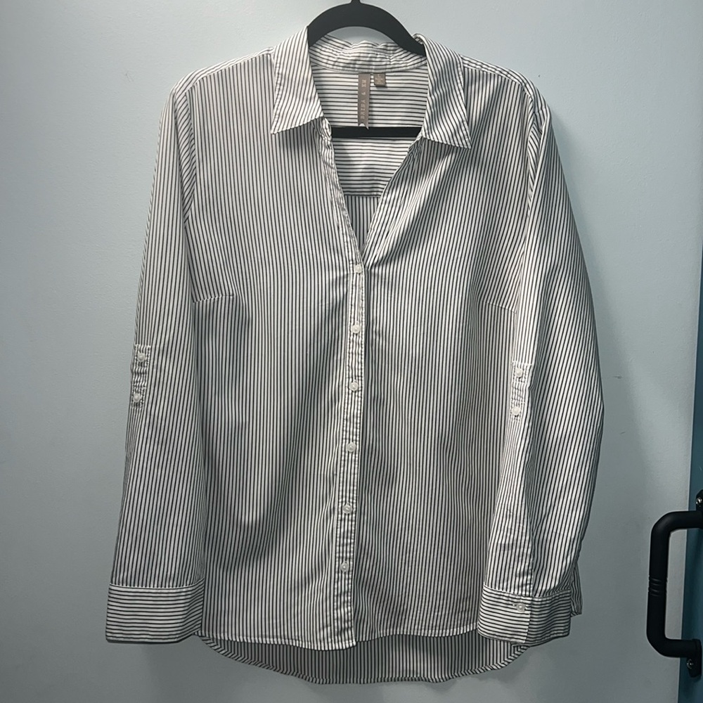 Brina & Em large thin-striped button down, V-neck, sleeves roll up with button